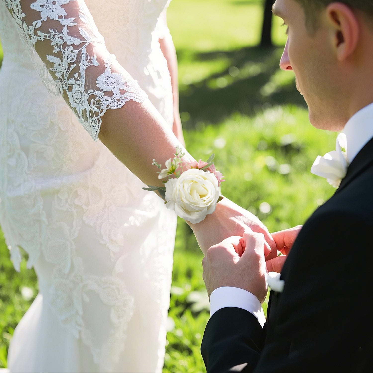 Uflower Pink White Series Bride Bouquet Wrist Corsage Groom Boutonniere Wedding Event Supplies